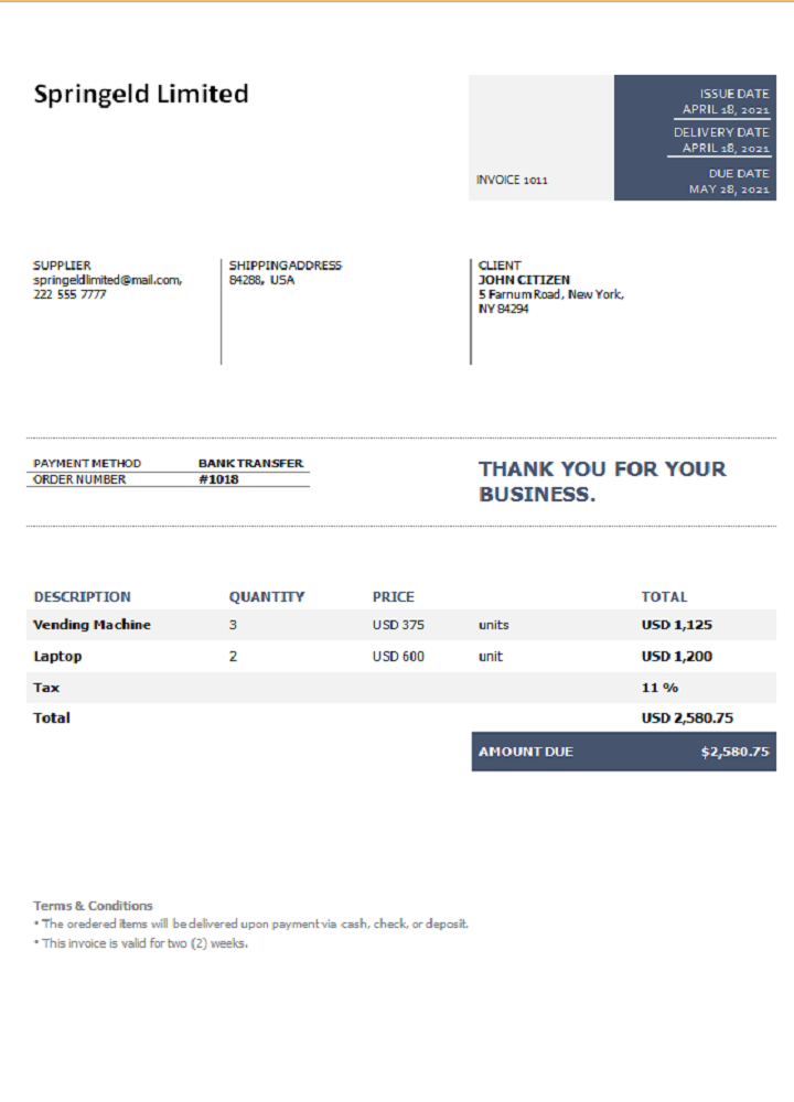 USA Springeld Limited invoice PSD template